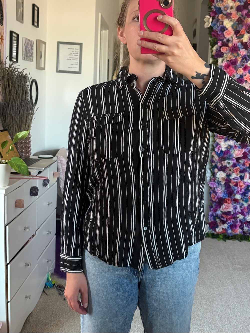 Classic Black & White Stripe Button-Up Shirt - Women